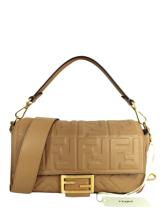 Fendi NWT Beige Embossed Logo FF 1974 Large Baguette NM Bag w/ Two Straps
