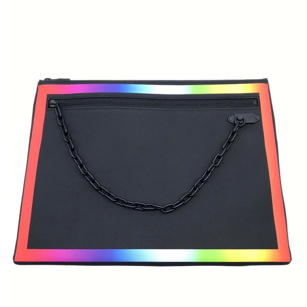 LOUIS VUITTON Clutch bag M30347 Taiga Leather Noir x Rainbow Taiga Pochette A4 Chain mens Used