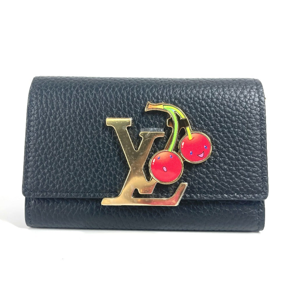 LOUIS VUITTON Trifold wallet M22889 Taurillon Clemence Leather black Takashi Murakami Cherry LV × TM Portefeuille Capucines Compact