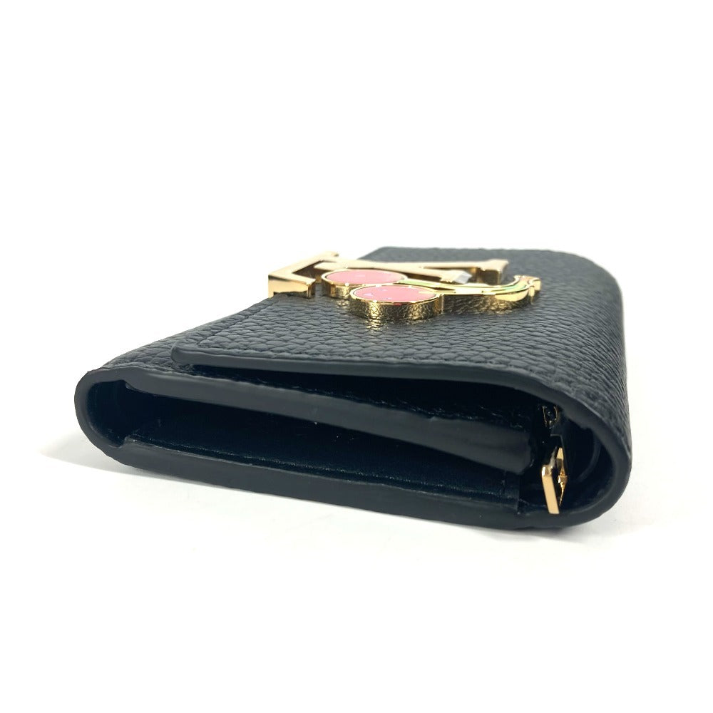 LOUIS VUITTON Trifold wallet M22889 Taurillon Clemence Leather black Takashi Murakami Cherry LV × TM Portefeuille Capucines Compact