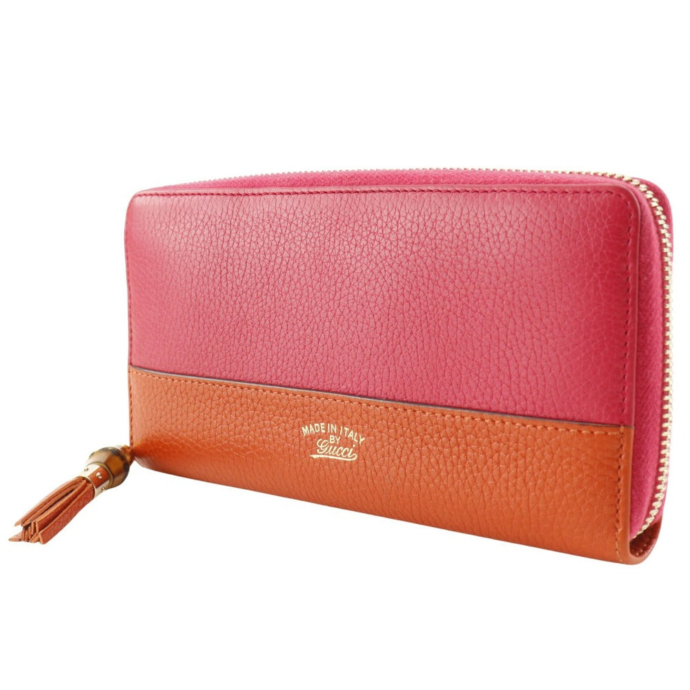 GUCCI Long Wallet Purse 307984 Calfskin Pink / Orange By color Bamboo tassel Zip Around Women