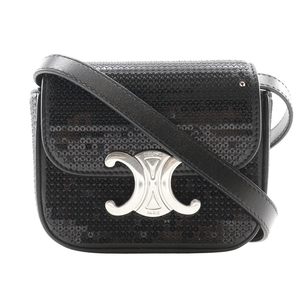 CELINE Shoulder Bag Leather, Sequins black 2-way clutch mini triomphe Women