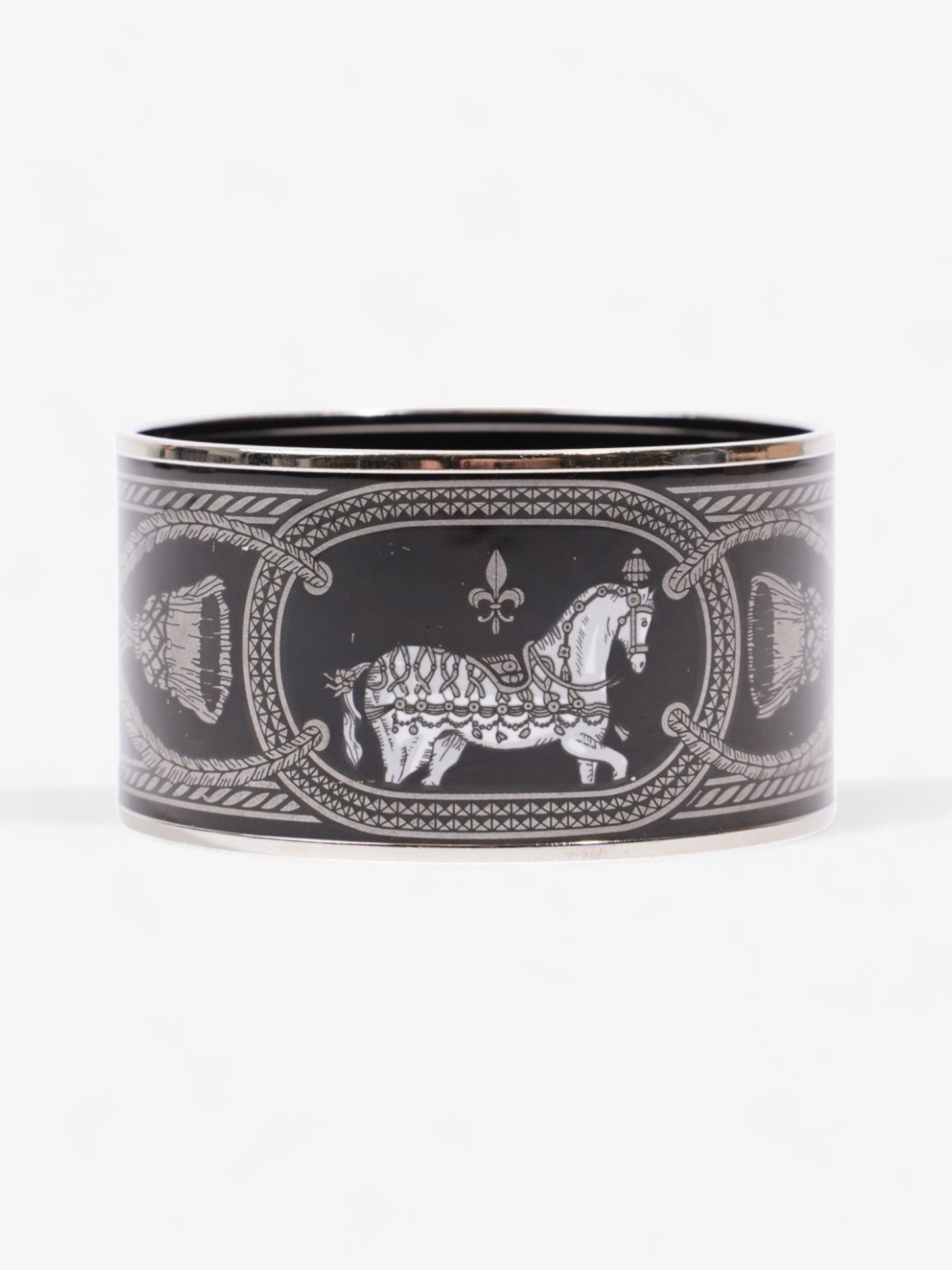 Hermes Grand Apparat Extra Wide Bracelet Black / White / Grey Enamel Small (Circumference - 20.4cm)