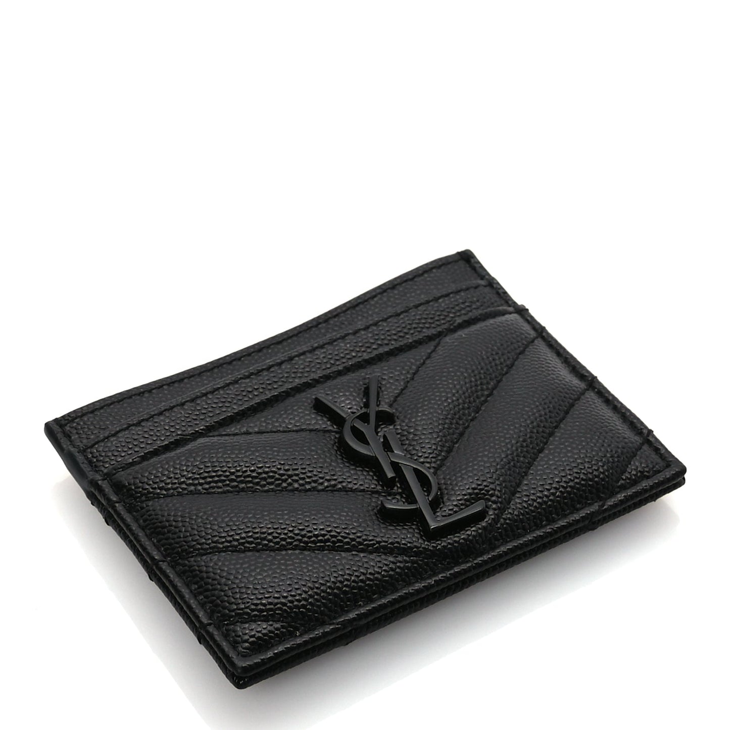 Saint Laurent Grain De Poudre Matelasse Chevron Monochrome Monogram Credit Card Case Black