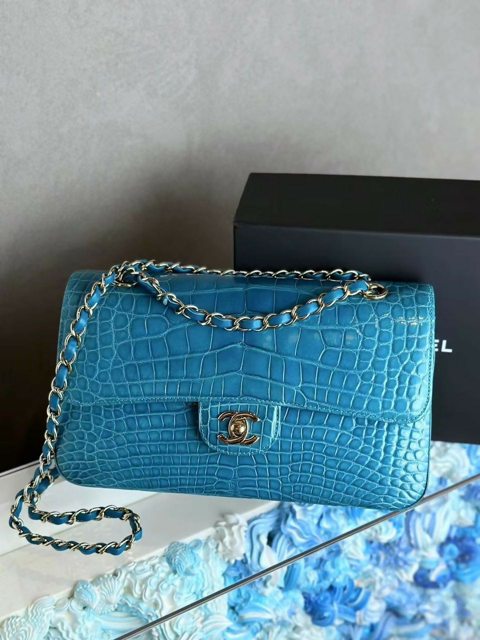 Chanel  Medium Turquoise Crocodile Classic Flap Bag
