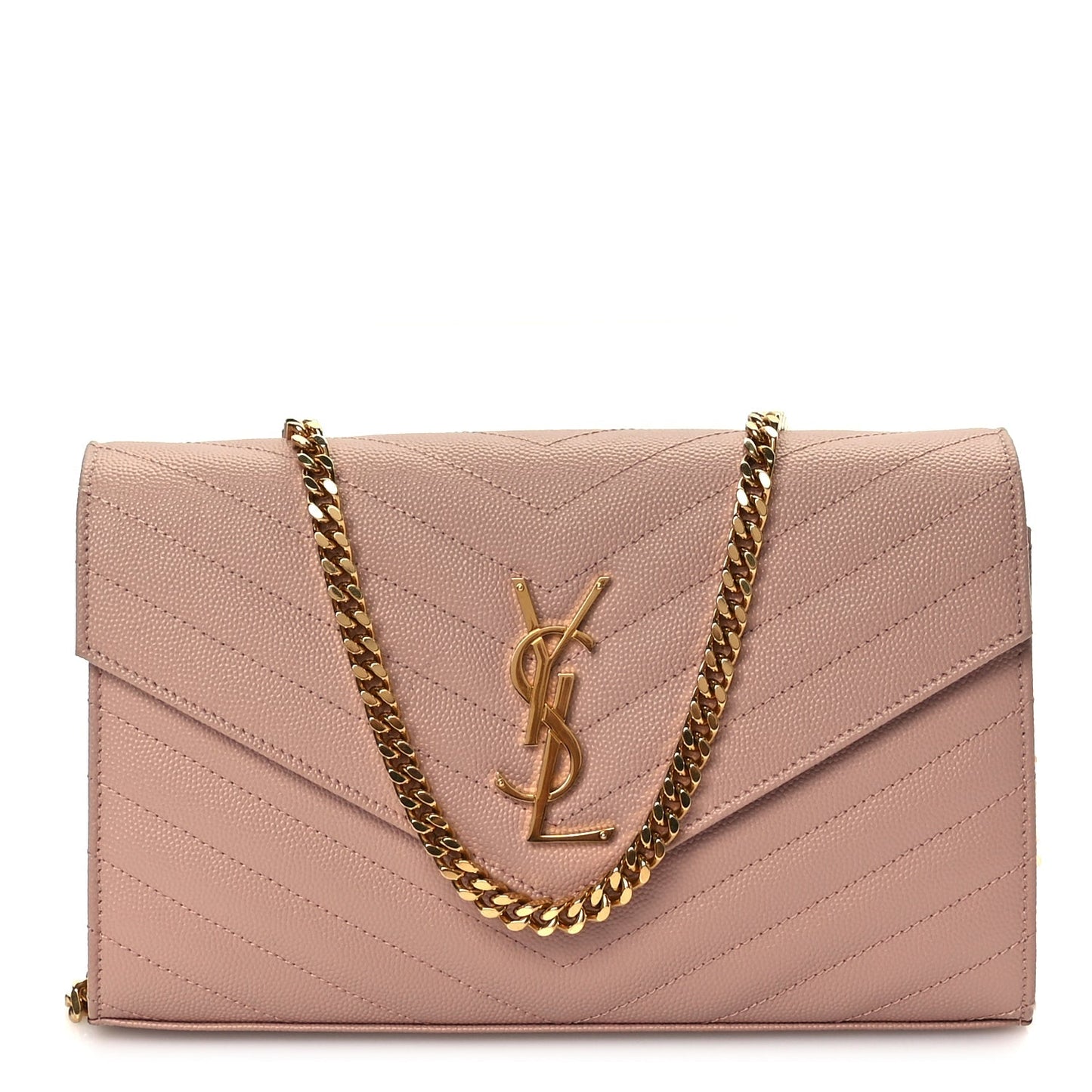 Saint Laurent Grain De Poudre Matelasse Chevron Monogram Chain Wallet Pale Blush