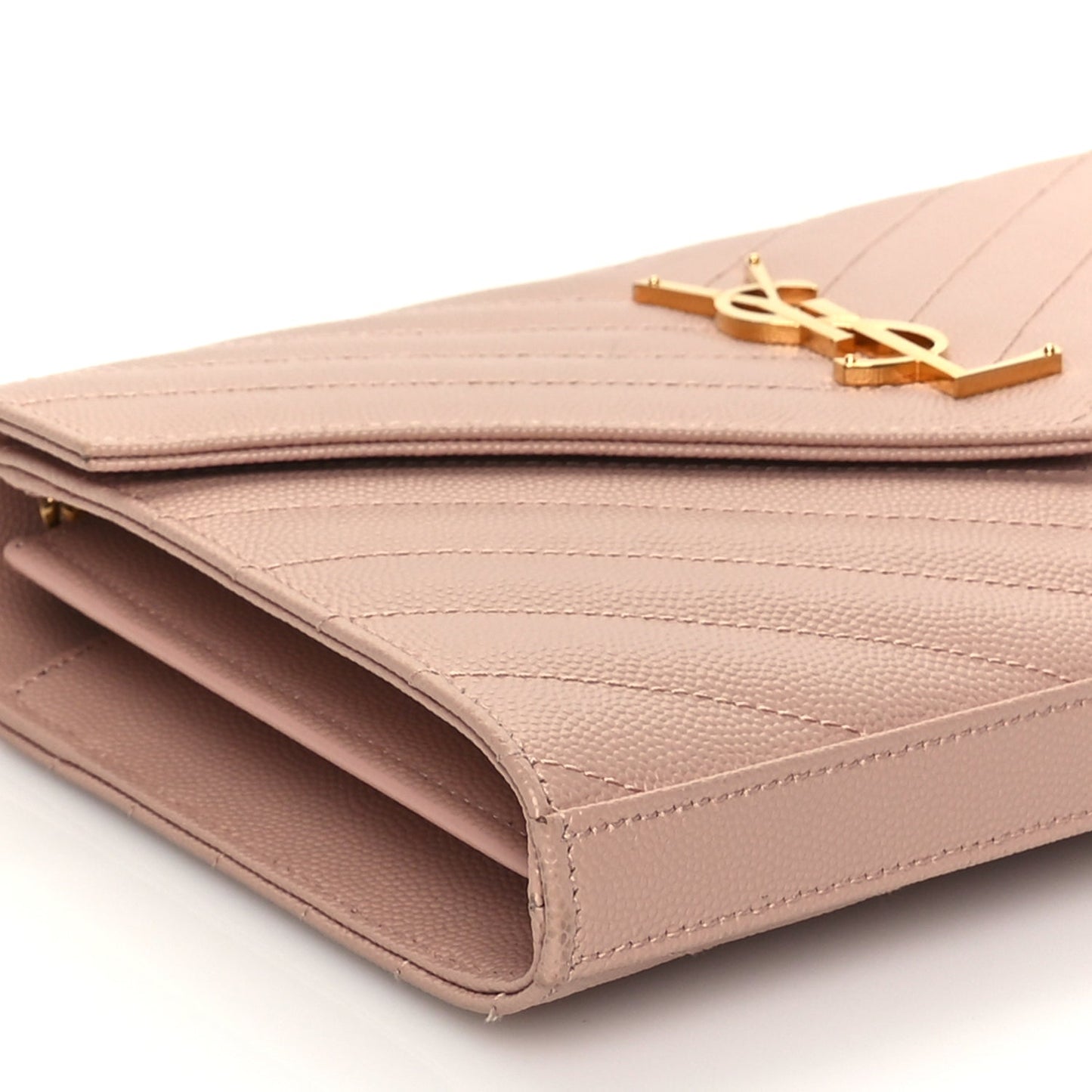 Saint Laurent Grain De Poudre Matelasse Chevron Monogram Chain Wallet Pale Blush