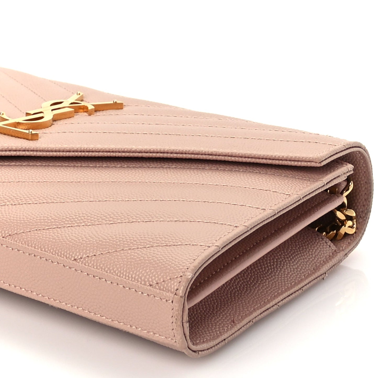 Saint Laurent Grain De Poudre Matelasse Chevron Monogram Chain Wallet Pale Blush