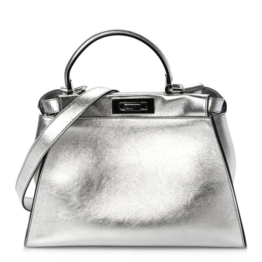 Fendi Vitello Catalan Mirror Medium Peekaboo Iconic Satchel Argento