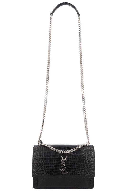 SAINT LAURENT Small Croc Embossed Sunset Bag Black