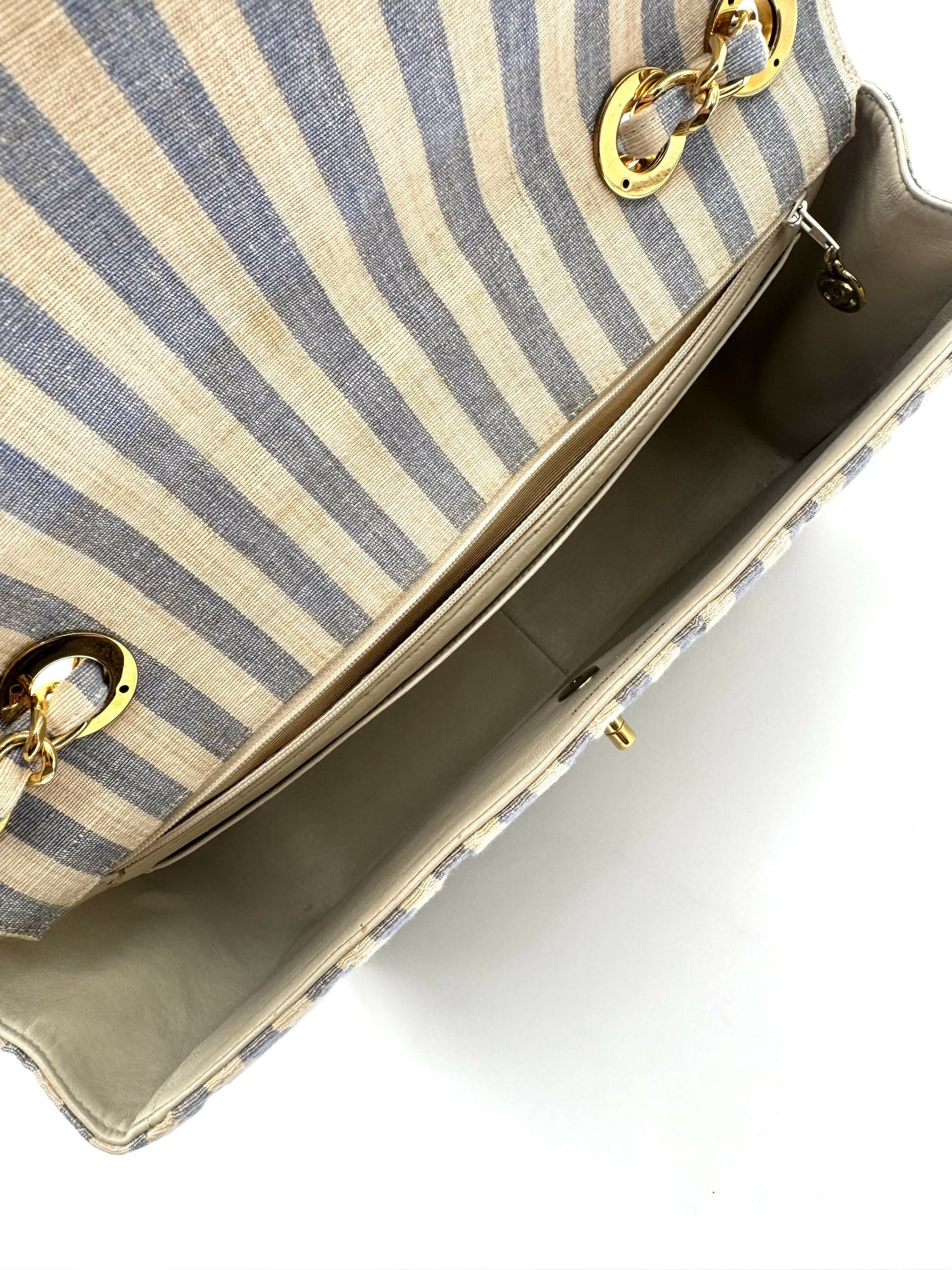 Chanel  1990s Jumbo Blue and White Striped Linen and Cotton Classic Flap Bag