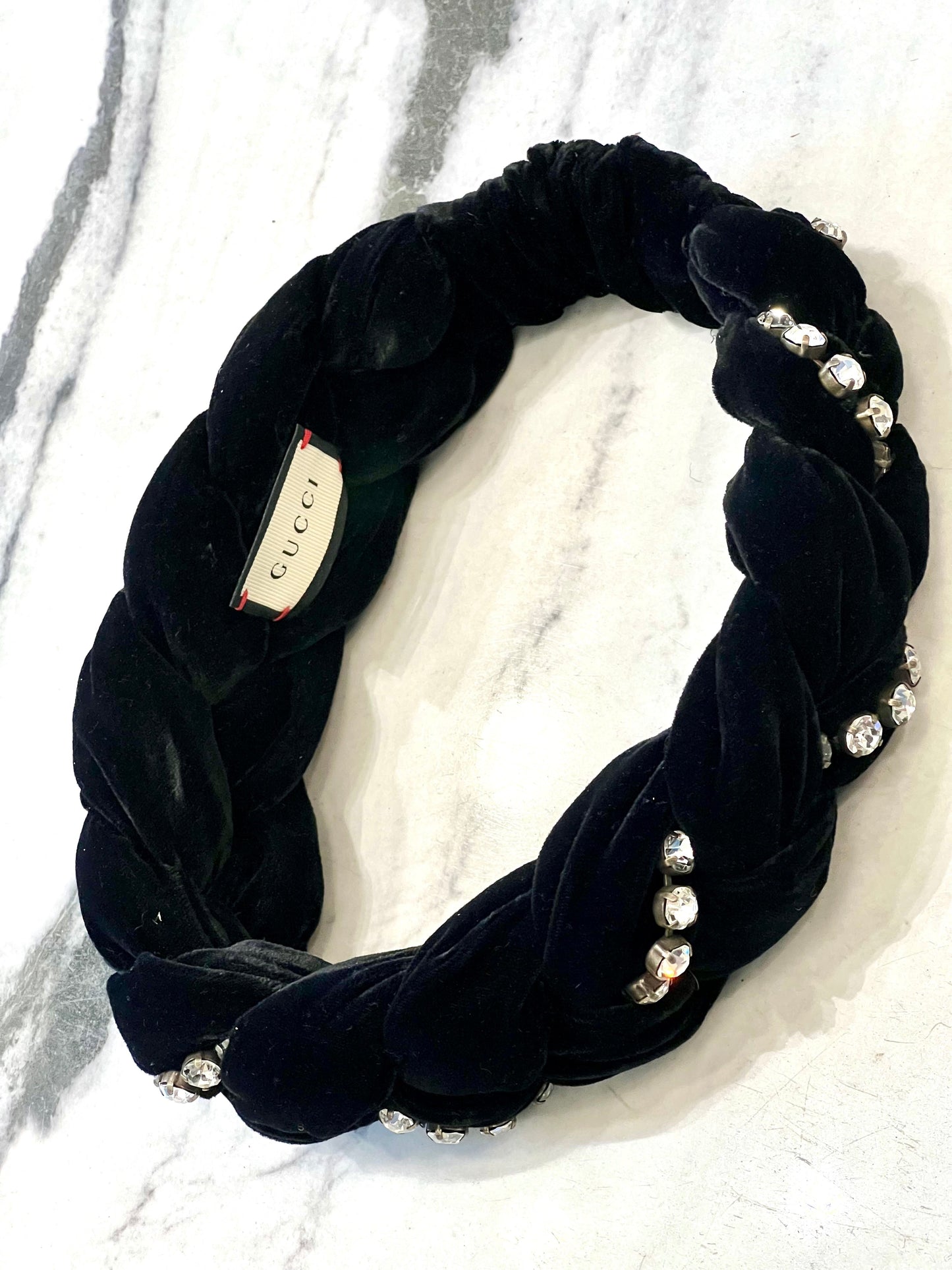 GUCCI CRYSTAL EMBELLISHED BRAIDED VELVET HEADBAND