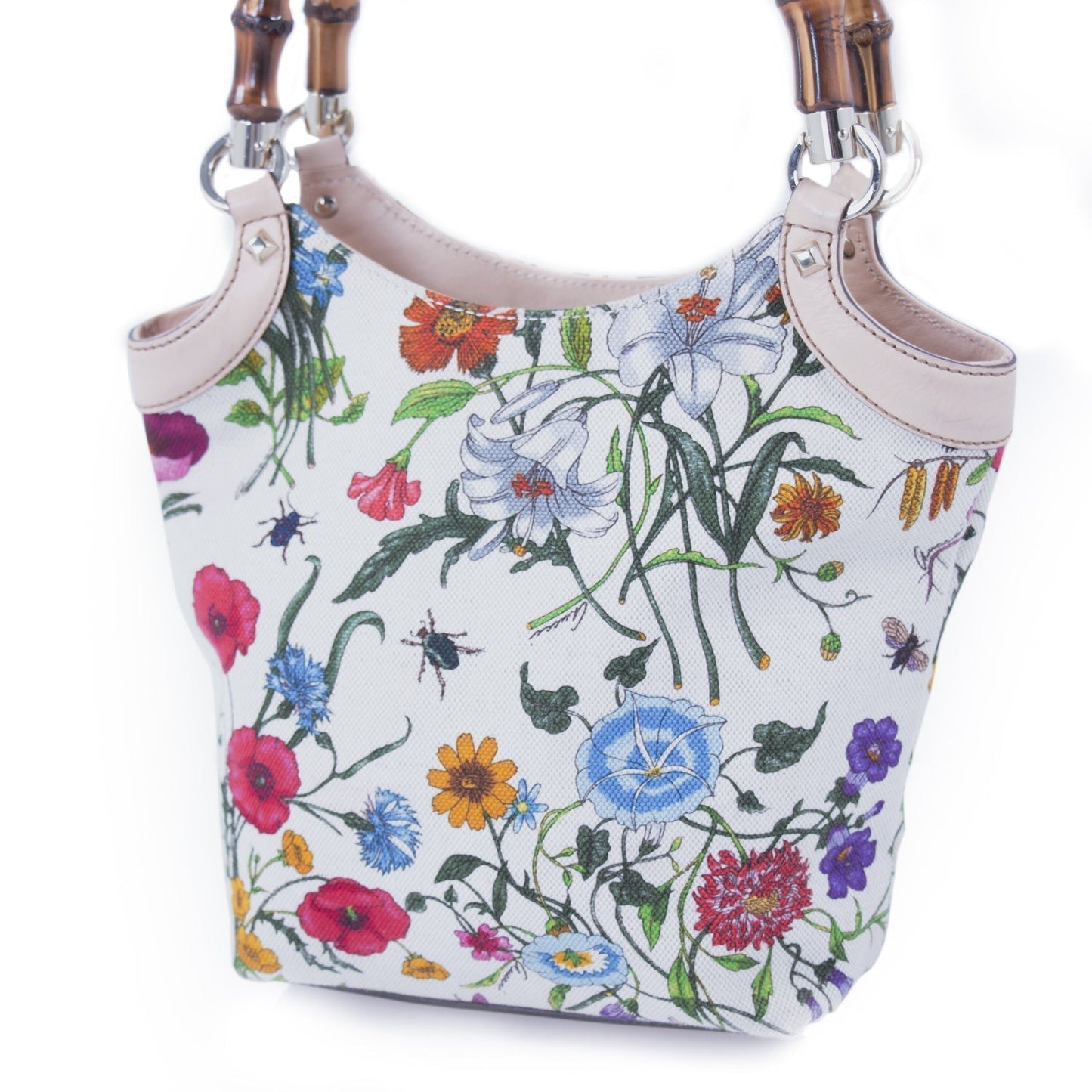 Gucci Bamboo Leather Canvas Bucket Bag