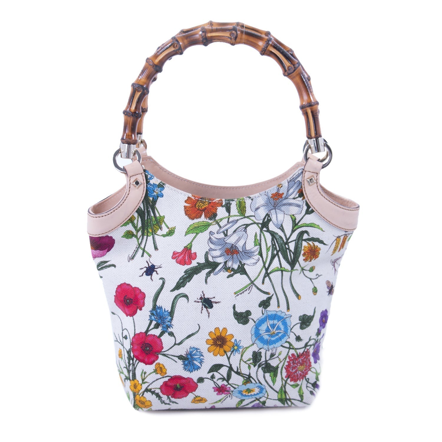Gucci Bamboo Leather Canvas Bucket Bag
