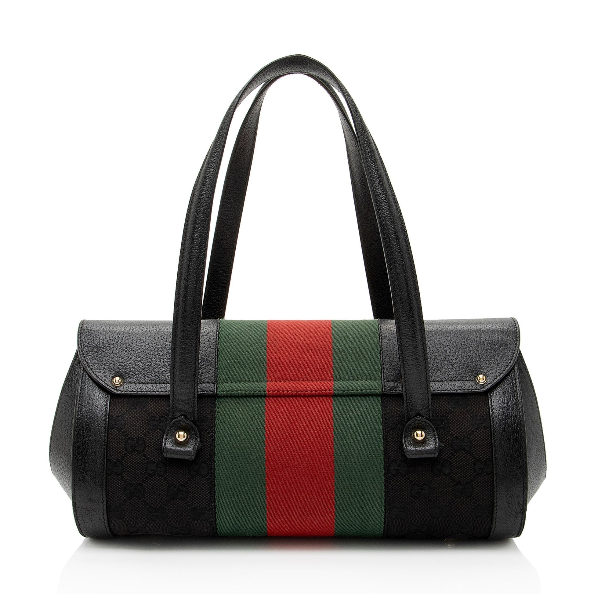 Gucci Leather Studded Web Bamboo Bullet Medium Satchel