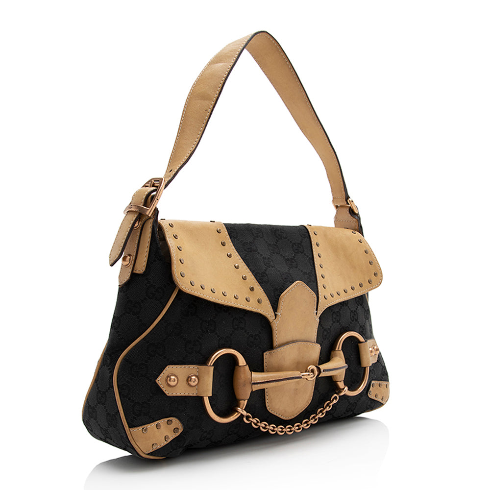 Gucci Canvas Leather Studded Horsebit Shoulder Bag (SHF-21925)