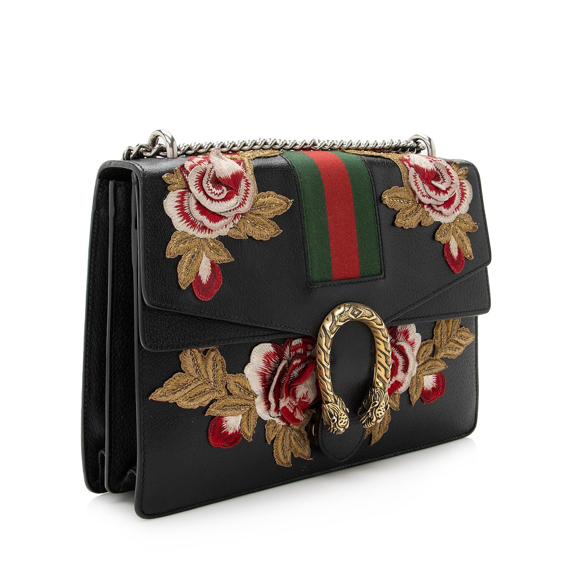 Gucci Leather Embroidered Rose Dionysus Medium Shoulder Bag (SHF-22427)
