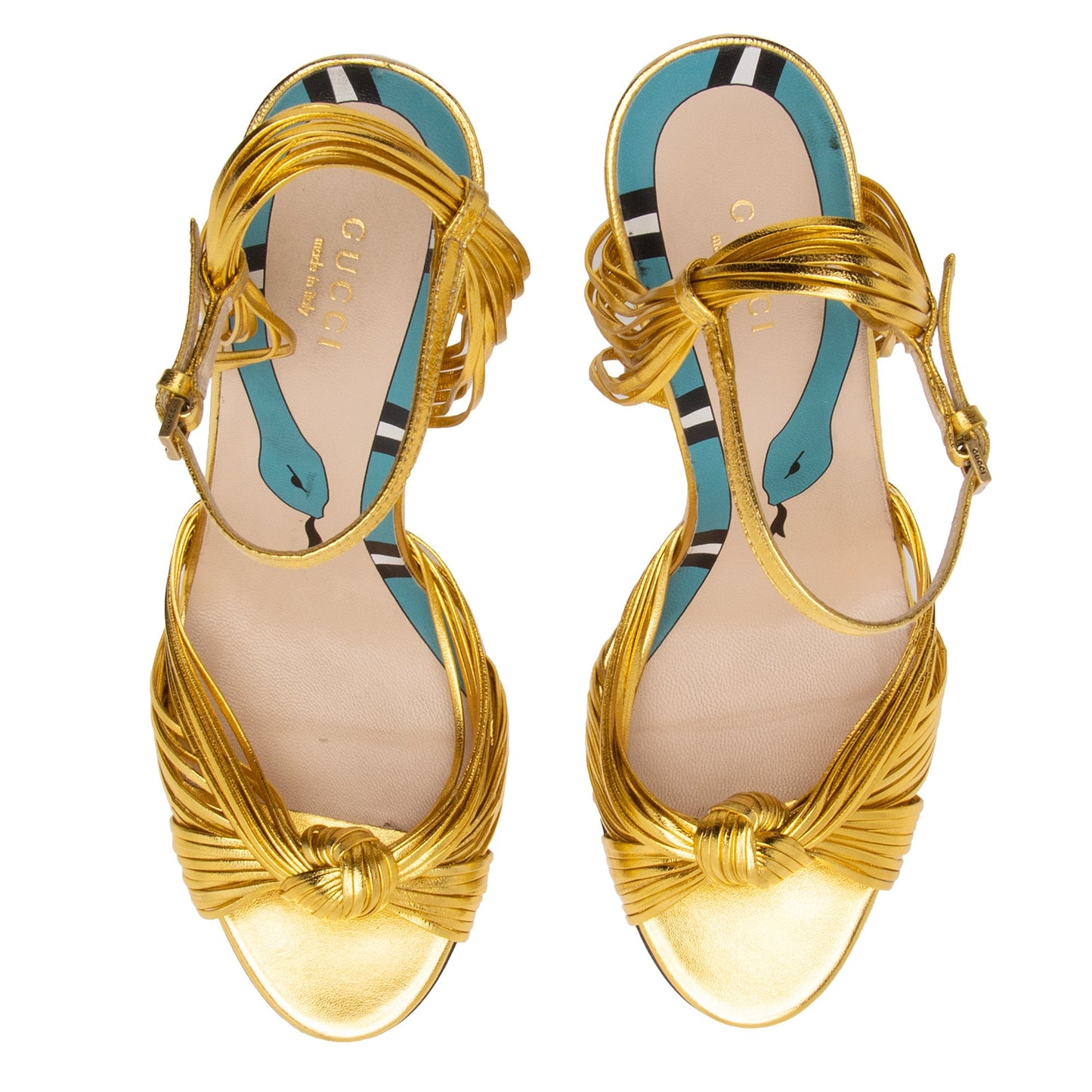 Gucci Metallic Leather Allie Knotted Strappy Sandals - Size 9.5 / 39.5 (SHF-7WQmgZ)