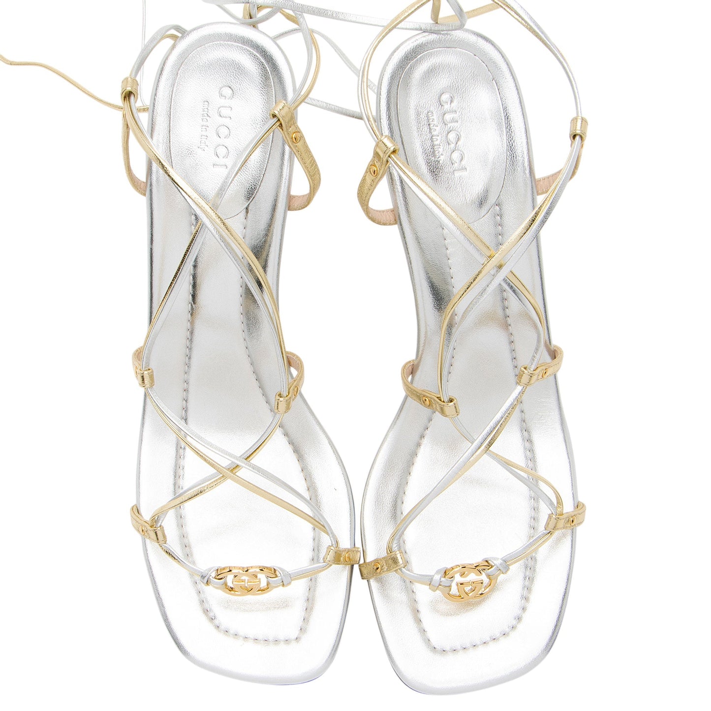 Gucci Metallic Leather Interlocking G Strappy 80 Sandals - Size 10 / 40