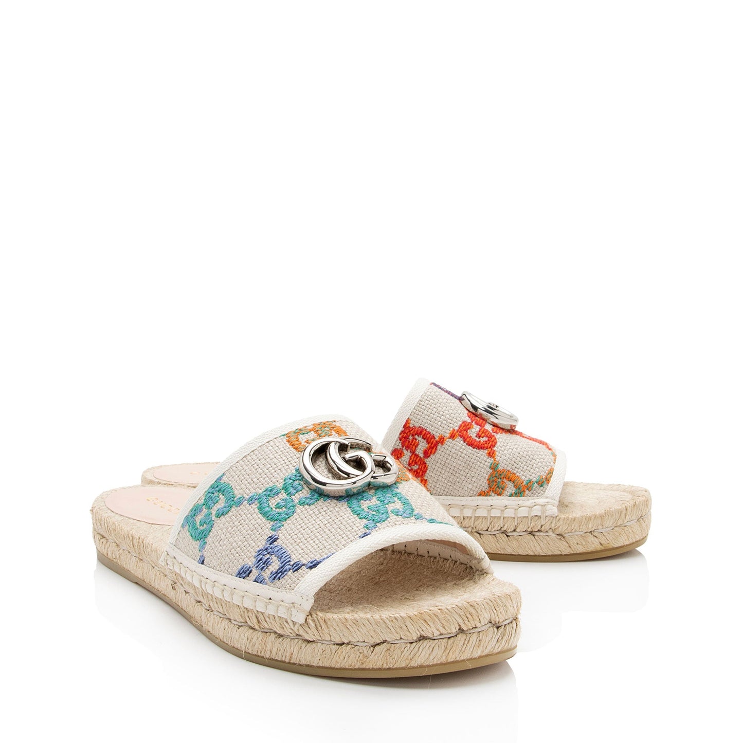 Gucci Multicolor GG Canvas Raffia Espadrille Slides - Size 8 / 38 (SHF-3nkmwj)