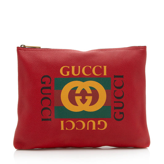 Gucci Pebbled Leather Logo Zip Pouch (SHF-12973)