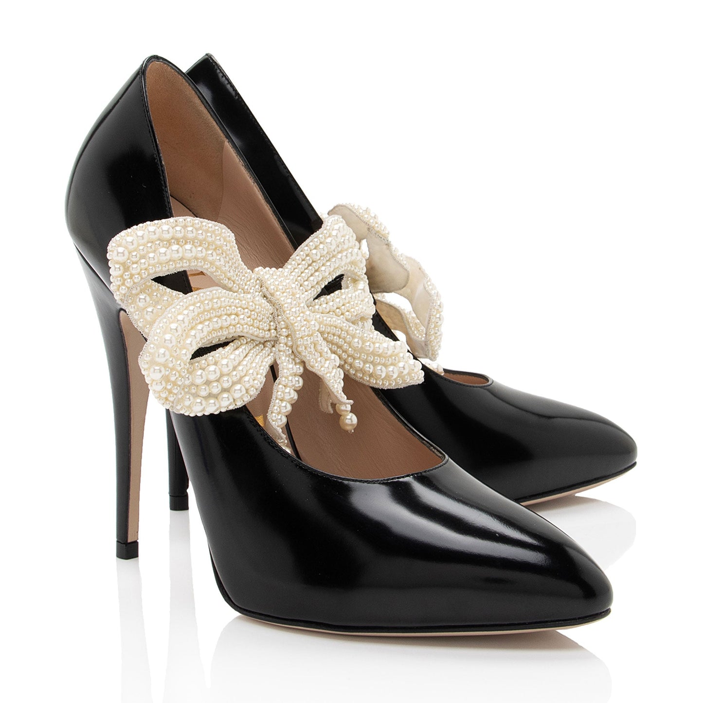 Gucci Polished Leather Removable Faux Pearl Bow Pumps - Size 7 / 37