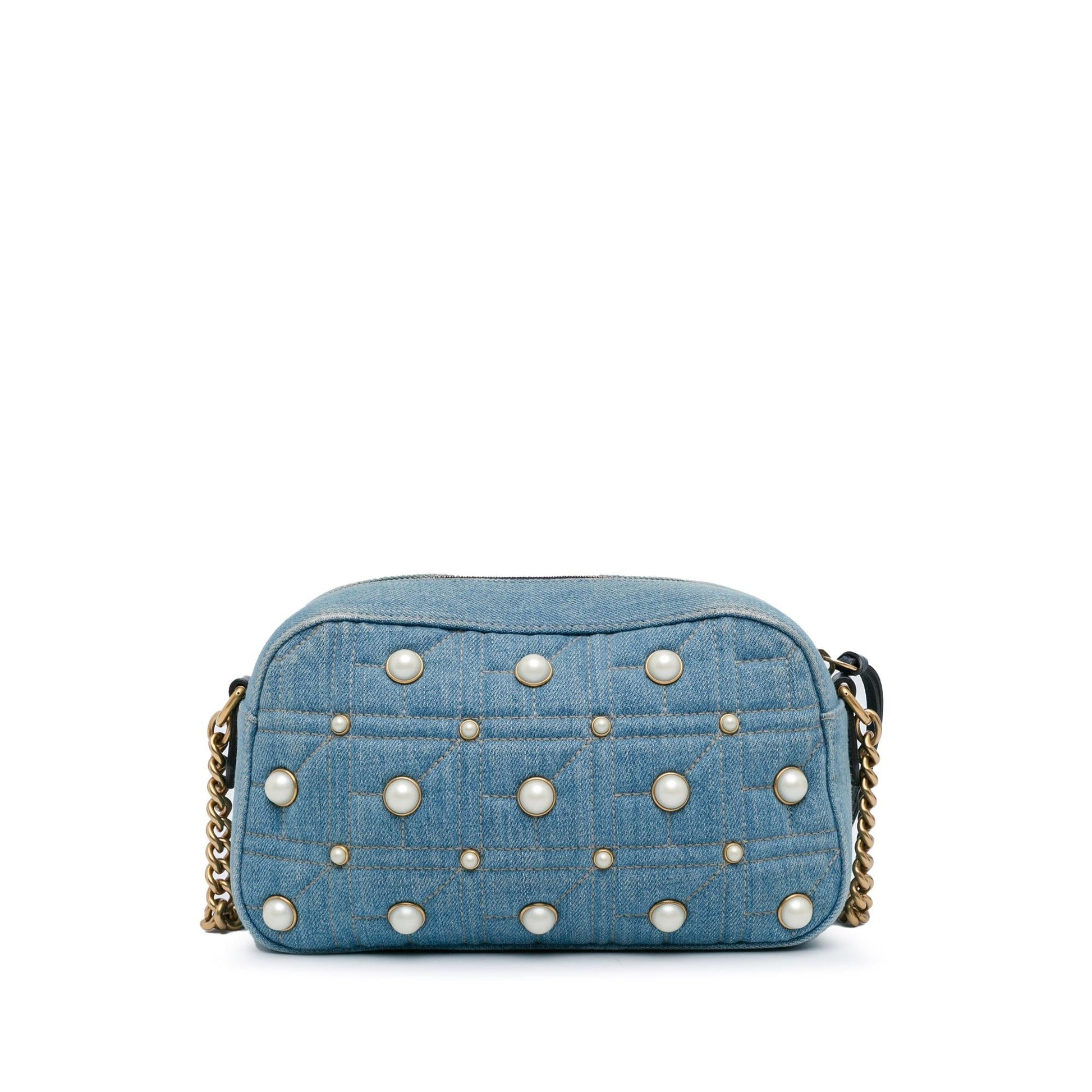 Gucci Small GG Marmont Pearl Studded Denim Crossbody Bag (SHG-phY0r4)