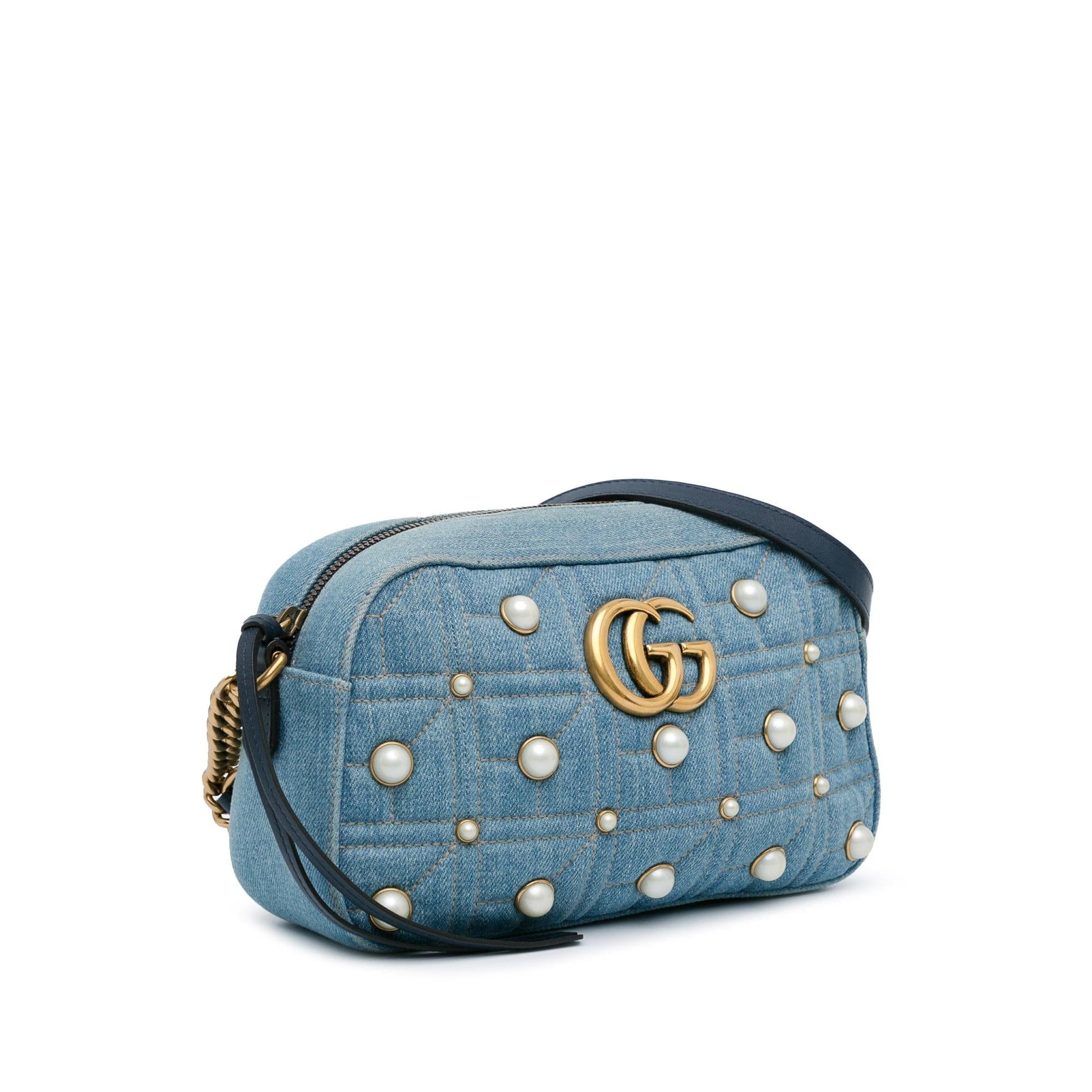 Gucci Small GG Marmont Pearl Studded Denim Crossbody Bag (SHG-phY0r4)