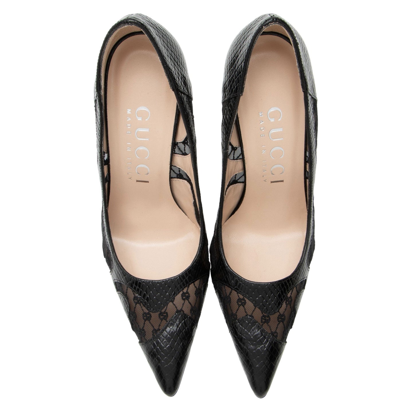 Gucci Snake Embossed Leather Lace Pumps - Size 7.5 / 37.5