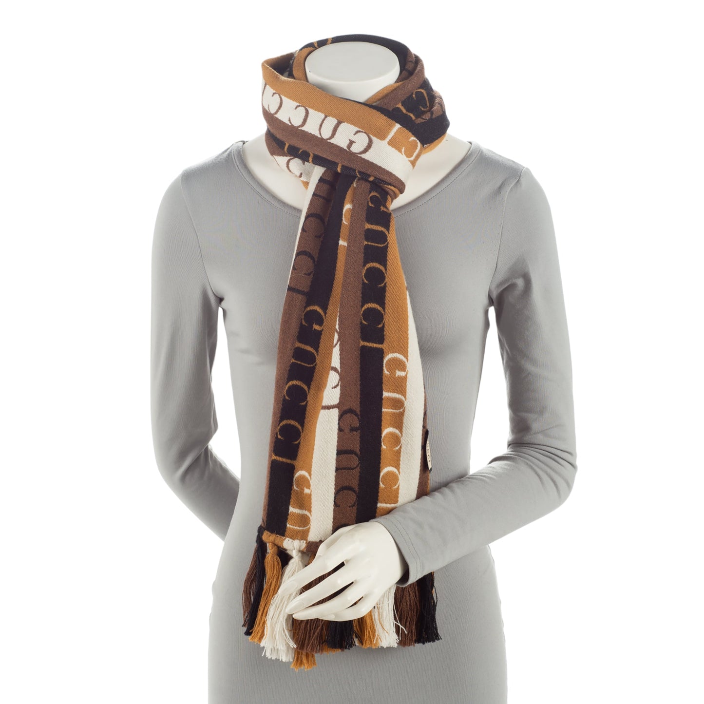 Gucci Wool Cotton Logo Wood Stripes Scarf (SHF-EYPQTE)