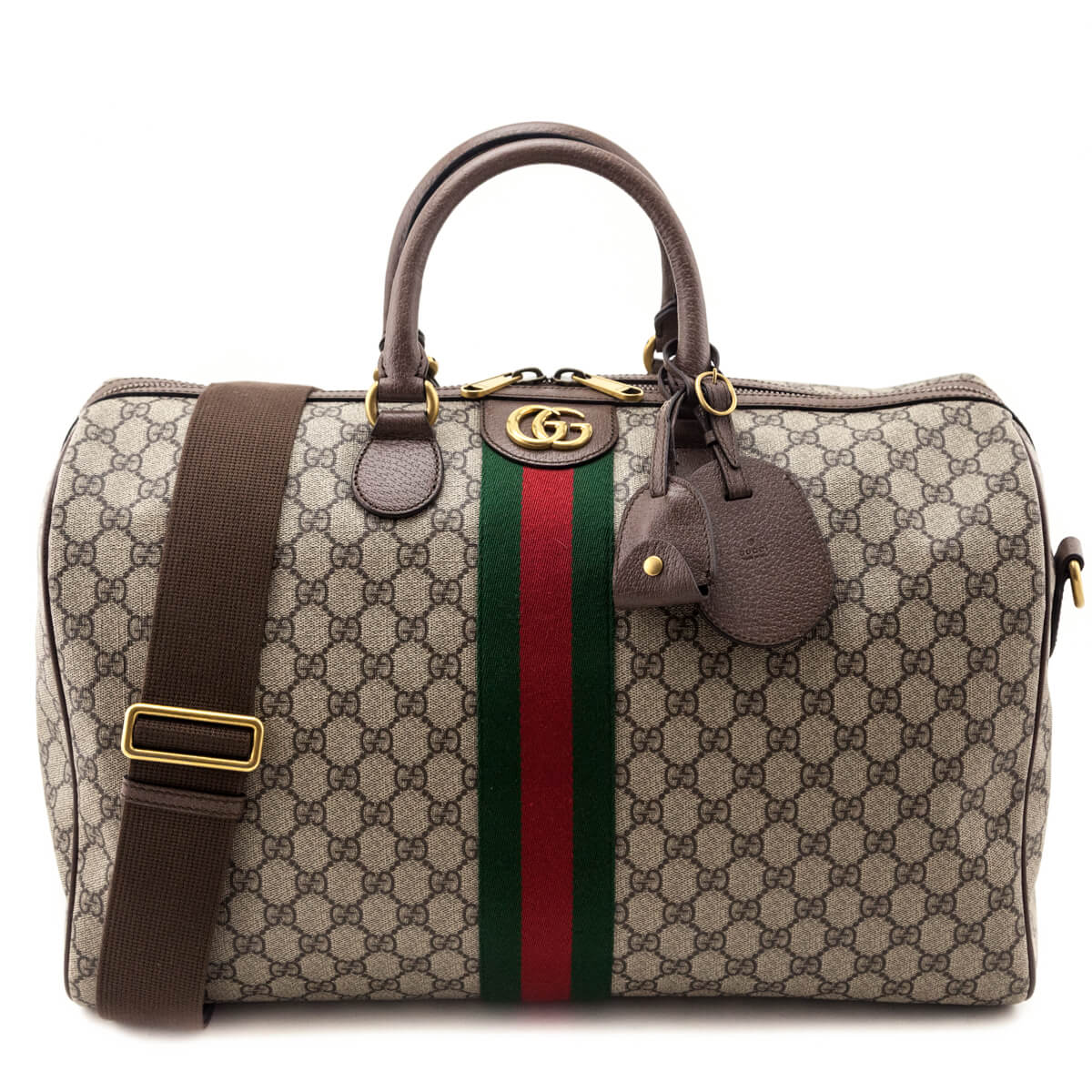 Gucci Brown Monogram GG Supreme Canvas Web Ophidia Medium Duffle Bag