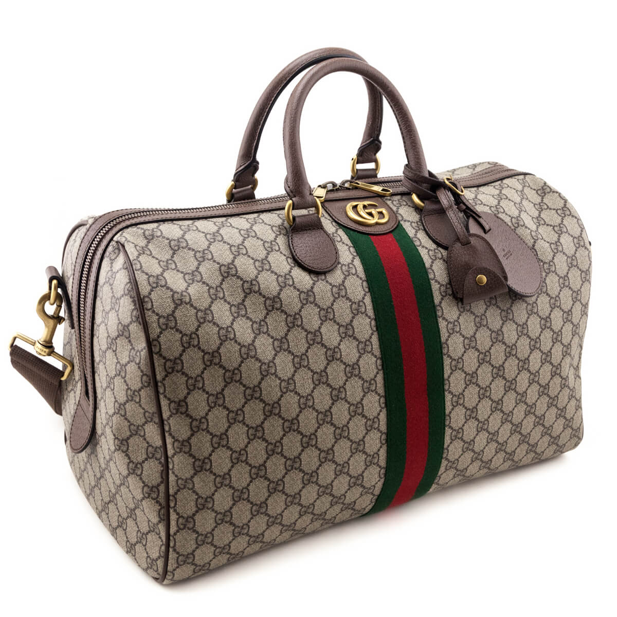 Gucci Brown Monogram GG Supreme Canvas Web Ophidia Medium Duffle Bag