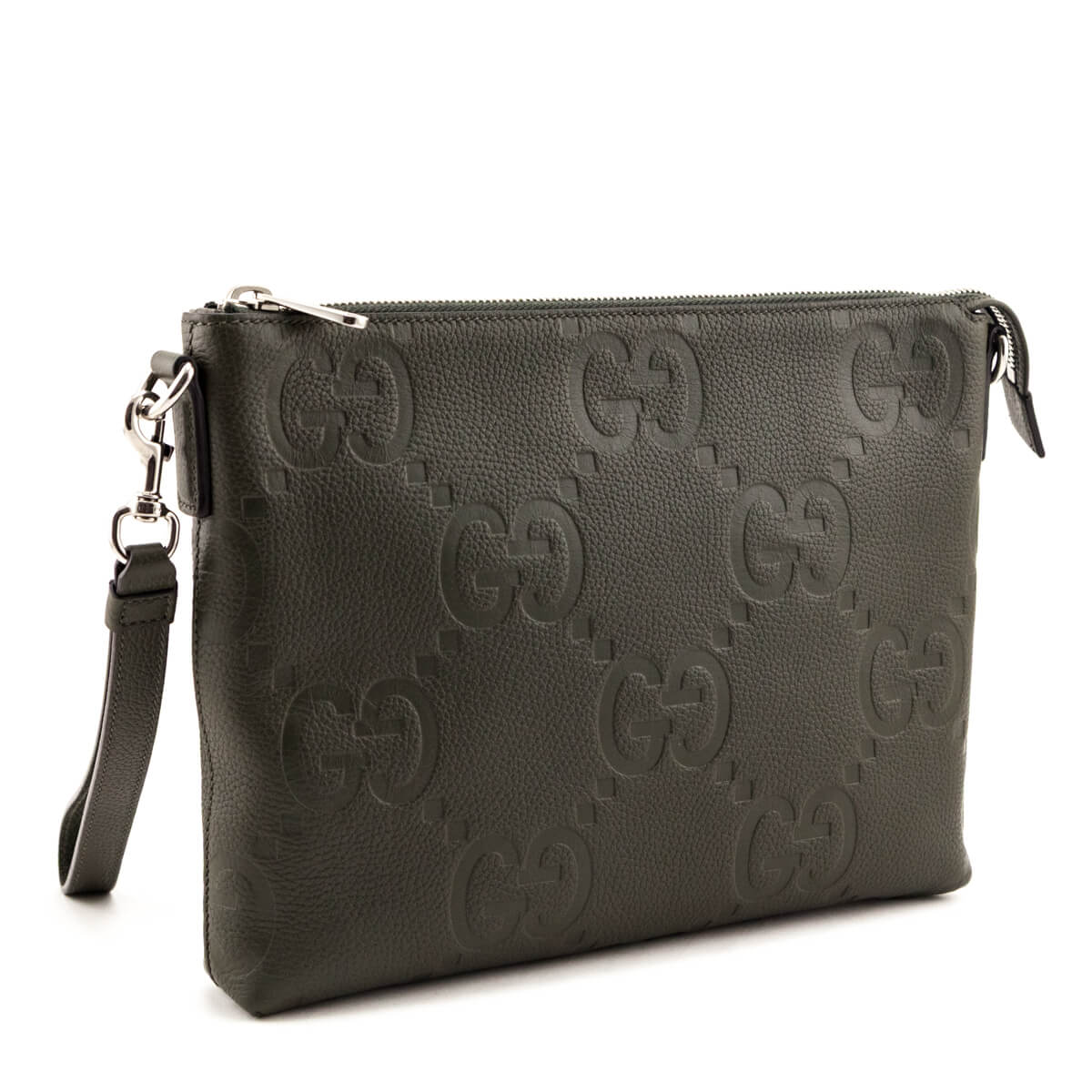 Gucci Dark Green Piuma Calfskin Jumbo GG Embossed Medium Wristlet Messenger Bag