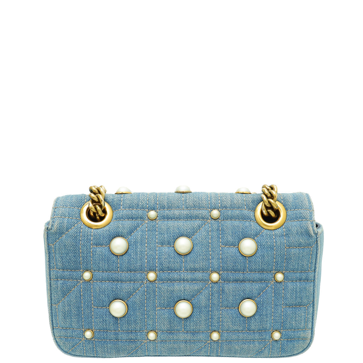 Gucci  Blue Aged Studded Pearl Denim GG Marmont Mini Bag