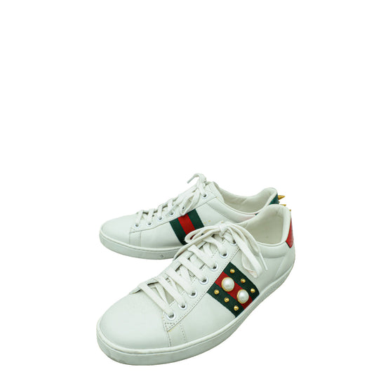 Gucci White Ace Web Pearl Studs Sneaker 38