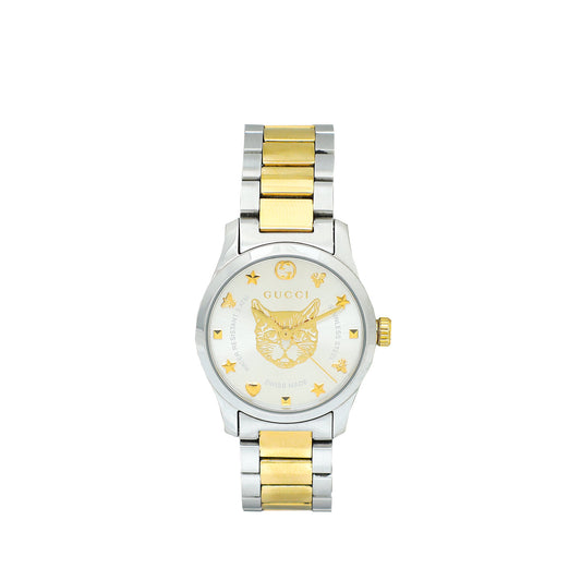 Gucci Steel Yellow Gold G Timeless Watch W/ Feline Head Motif