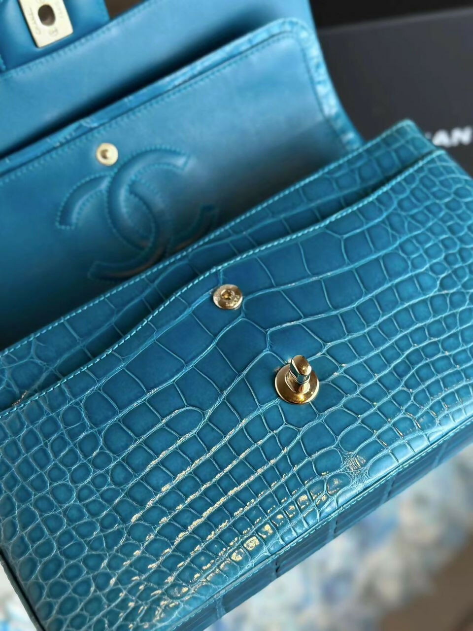 Chanel  Medium Turquoise Crocodile Classic Flap Bag