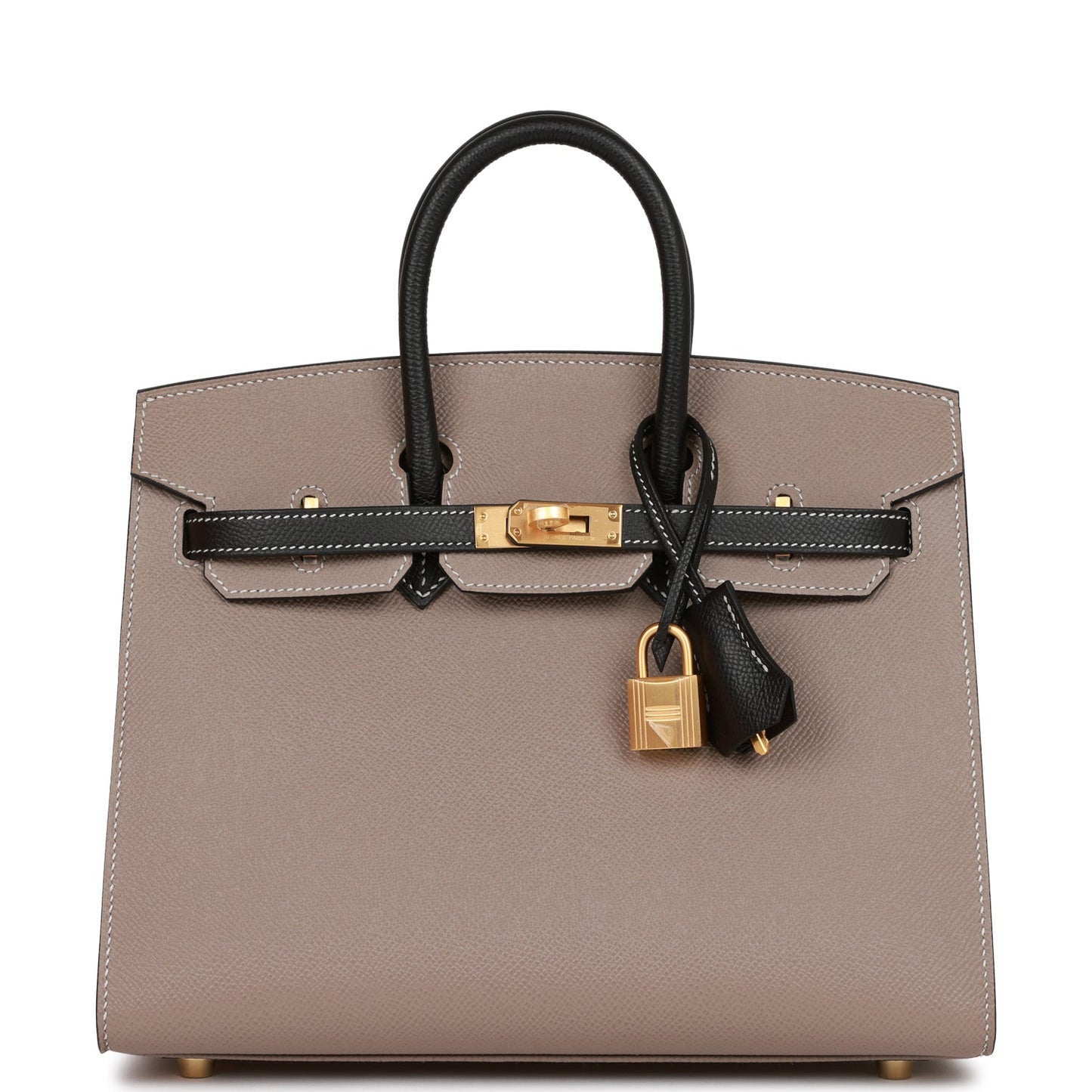 Hermes Birkin 25 Sellier Etoupe and Black Epsom Brushed Gold Hardware