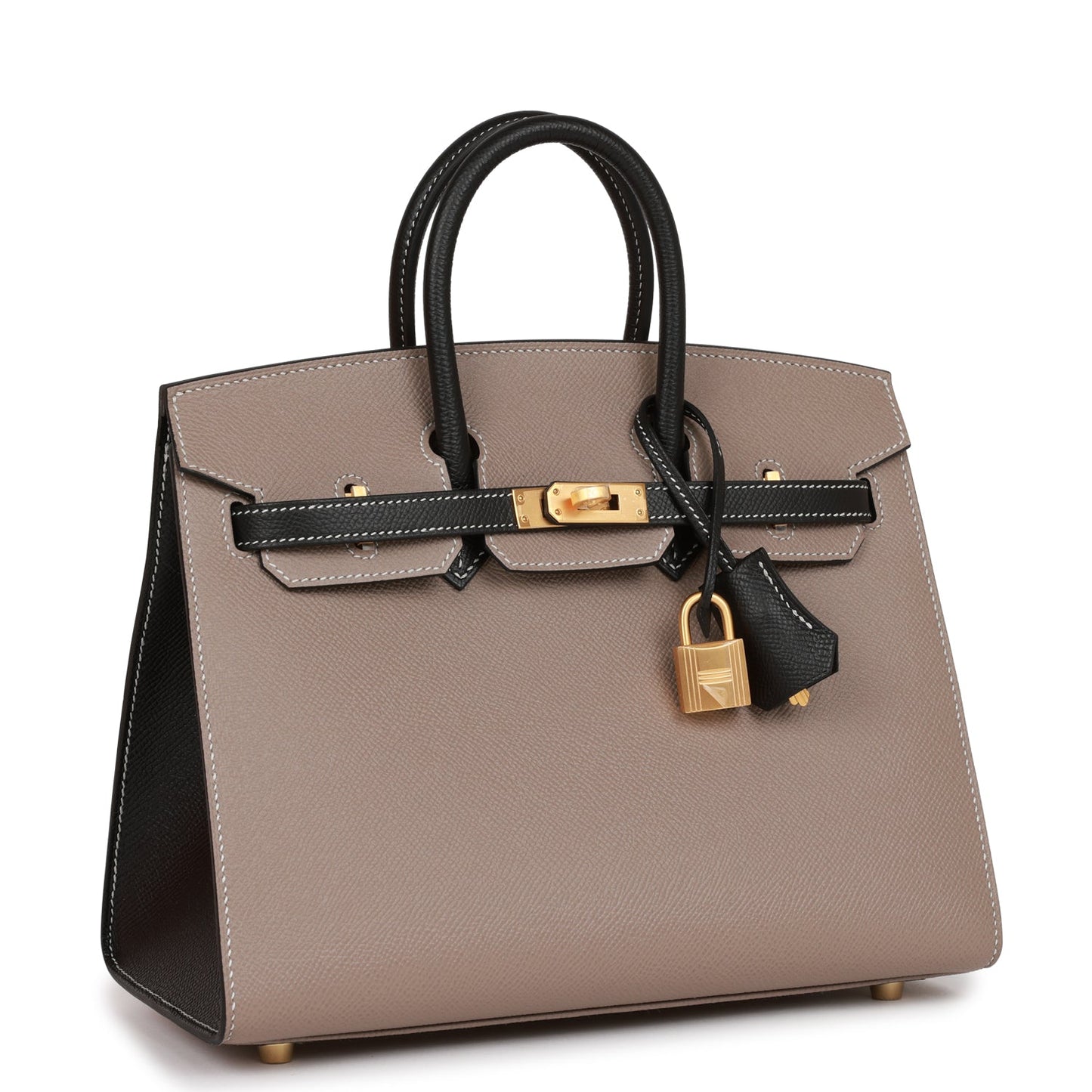 Hermes Birkin 25 Sellier Etoupe and Black Epsom Brushed Gold Hardware