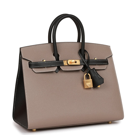 Hermes Birkin 25 Sellier Etoupe and Black Epsom Brushed Gold Hardware