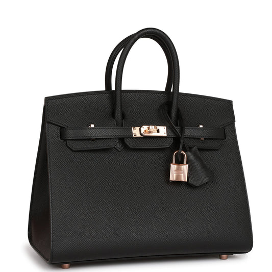 Hermes Birkin 25 Sellier Black Epsom Rose Gold Hardware