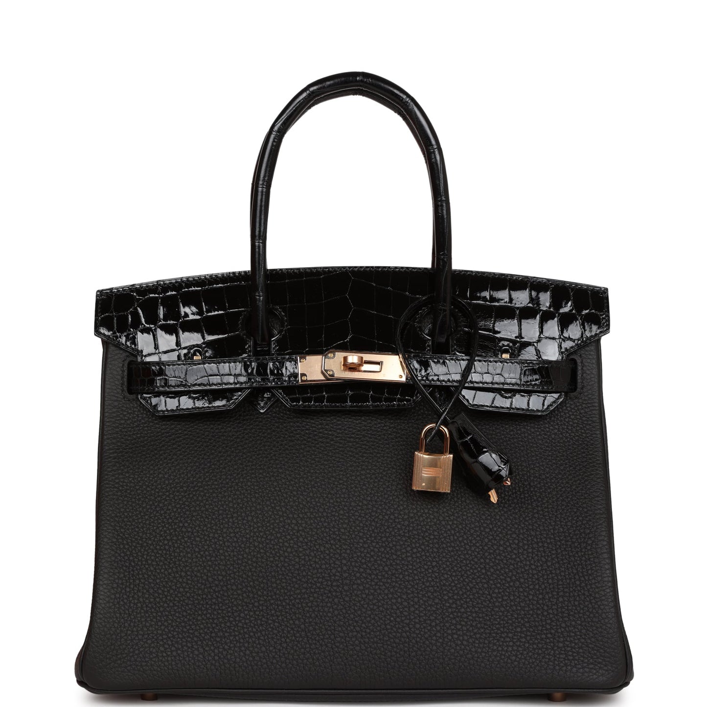 Luxury Hermes Birkin 30 Black Niloticus Crocodile and Togo Touch Rose Gold Hardware