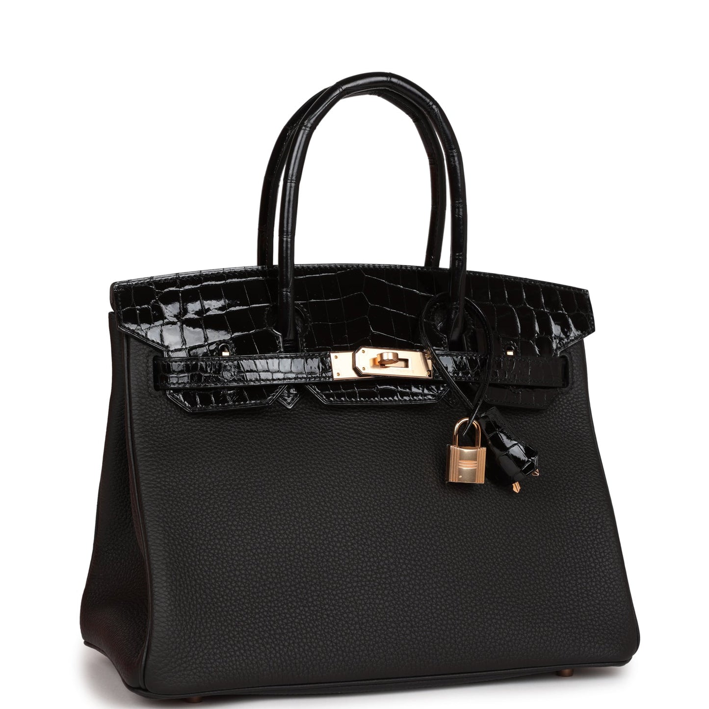 Luxury Hermes Birkin 30 Black Niloticus Crocodile and Togo Touch Rose Gold Hardware