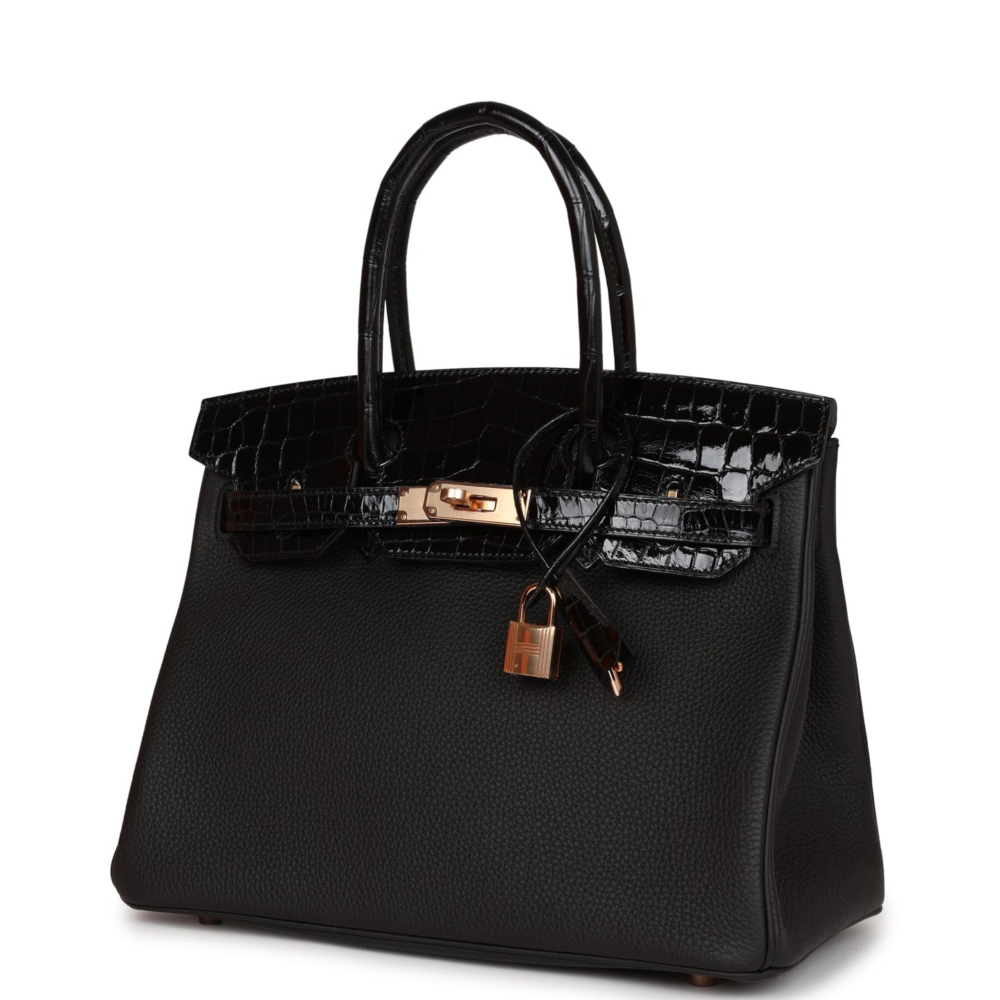 Luxury Hermes Birkin 30 Black Niloticus Crocodile and Togo Touch Rose Gold Hardware