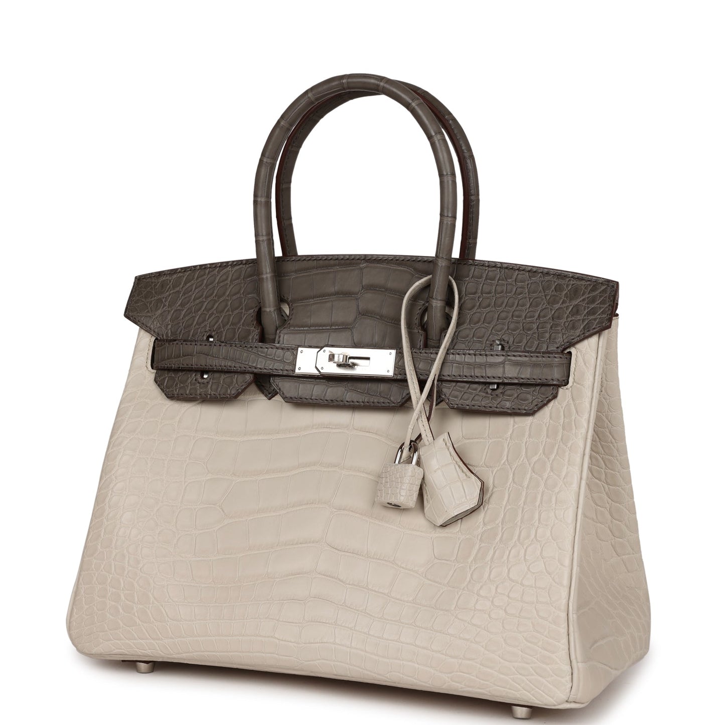 Luxury Hermes Bi-color Birkin 30 Beton and Etain Matte Alligator Palladium Hardware