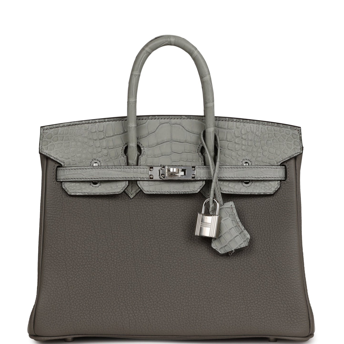 Luxury Hermes Birkin 25 Gris Meyer Togo and Gris Ciment Matte Alligator Touch Palladium Hardware