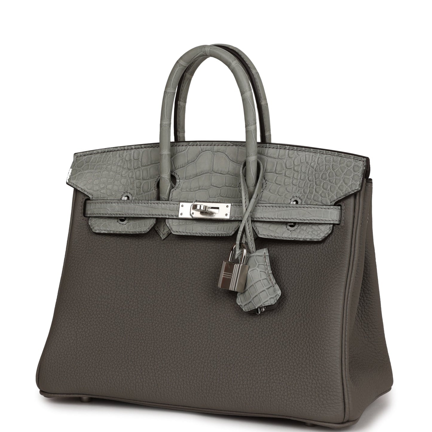 Luxury Hermes Birkin 25 Gris Meyer Togo and Gris Ciment Matte Alligator Touch Palladium Hardware