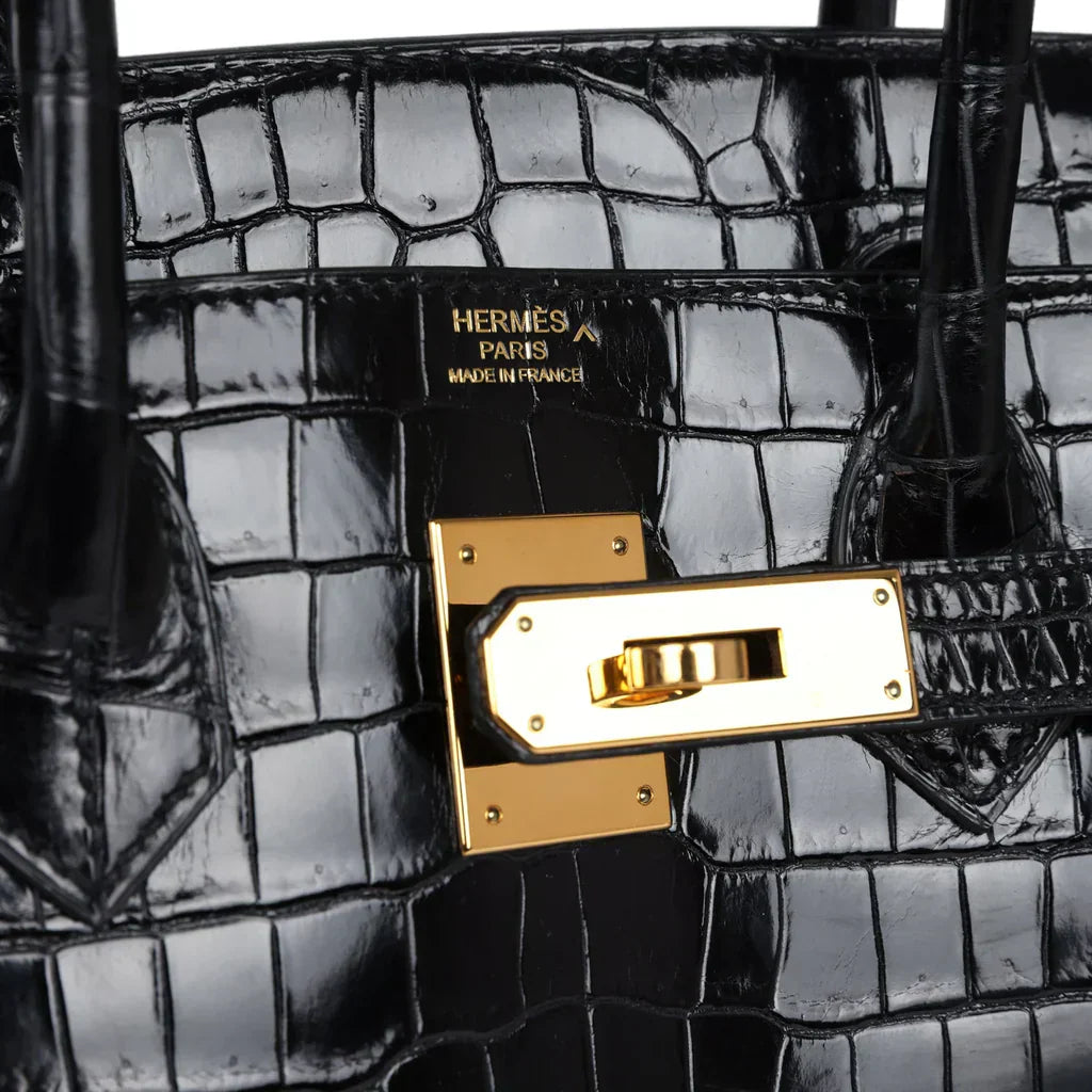 Hermes Birkin 25 Leather Gold Hardware Handbag Bag for Women (Black Shine)