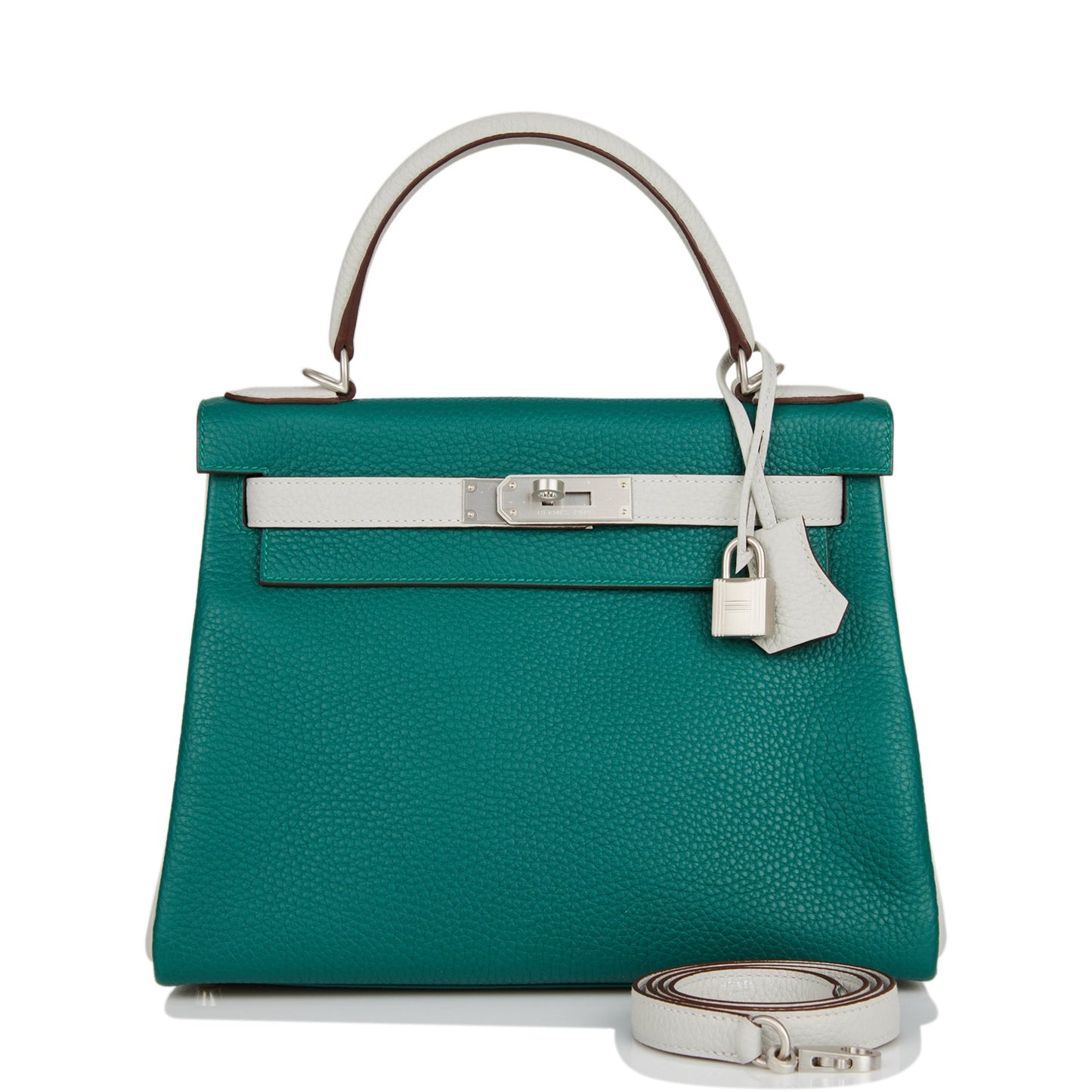 Luxury Hermes Special Order (HSS) Kelly Retourne 28 Malachite and Gris Perle Clemence Brushed Palladium Hardware