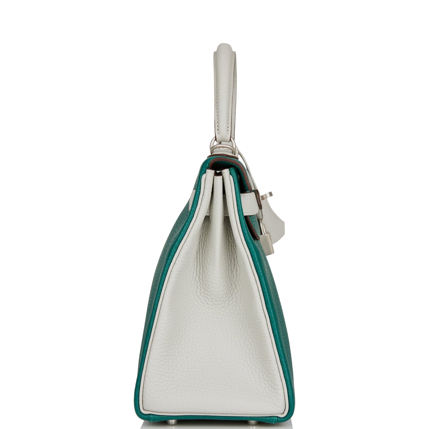 Luxury Hermes Special Order (HSS) Kelly Retourne 28 Malachite and Gris Perle Clemence Brushed Palladium Hardware